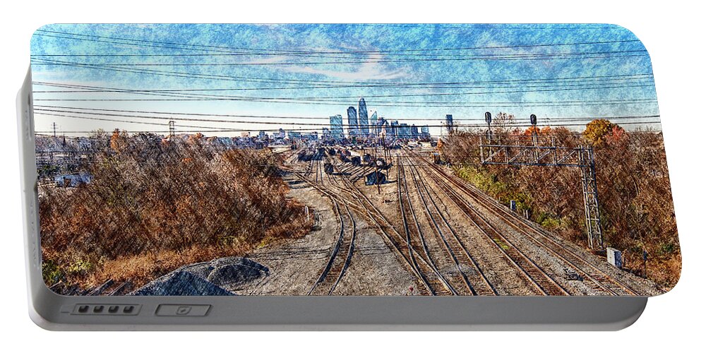 Charlotte-architecture-photography Portable Battery Charger featuring the digital art Charlotte Skyline from Matheson Bridge by SnapHappy Photos