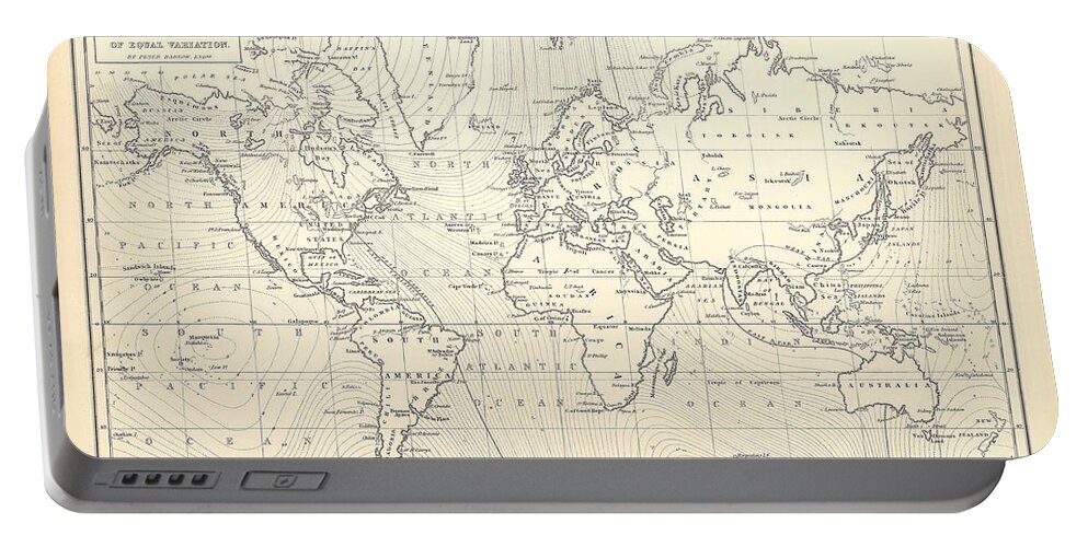 Map Portable Battery Charger featuring the mixed media Chart of Magnetic Curves of Equal Variation - Antique World Map - Cartography by Studio Grafiikka