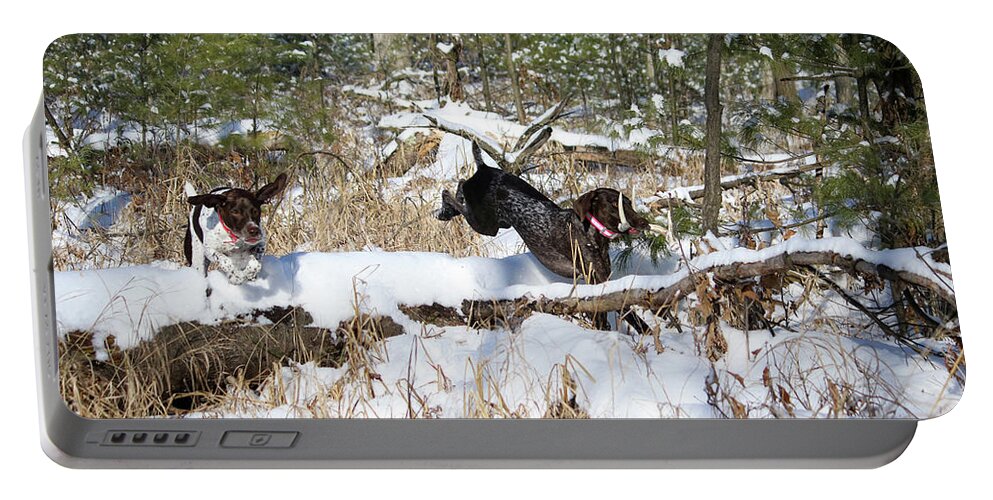 German Shorthaired Pointers Portable Battery Charger featuring the photograph Chase with Shed Antler by Brook Burling