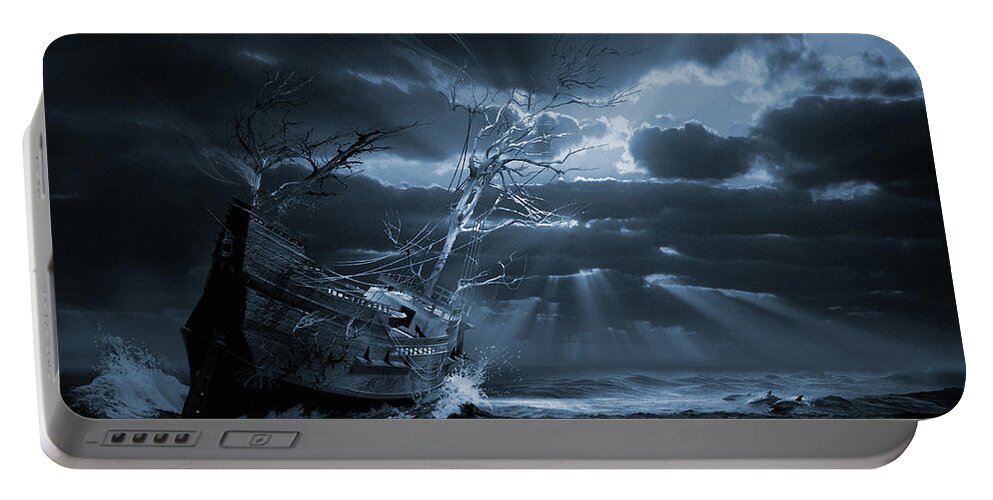 Ghost Ships Phantom Boat Supernatural Isolation Portable Battery Charger featuring the digital art Chasing the light Ghost ship series by George Grie