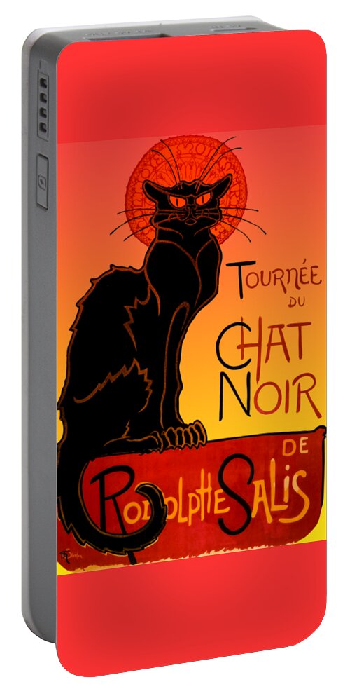Black Cat Portable Battery Charger featuring the mixed media Chat Noir Belle Epoque Art Nouveau Rodolphe Salis HD restored by Elena Gantchikova by Elena Gantchikova