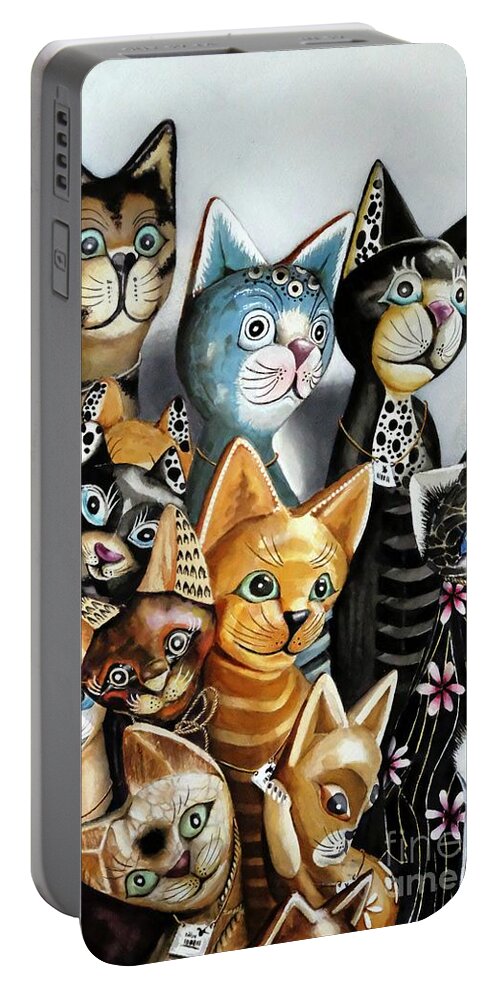 Cat Portable Battery Charger featuring the painting Cheaper by the Dozen by Jeanette Ferguson