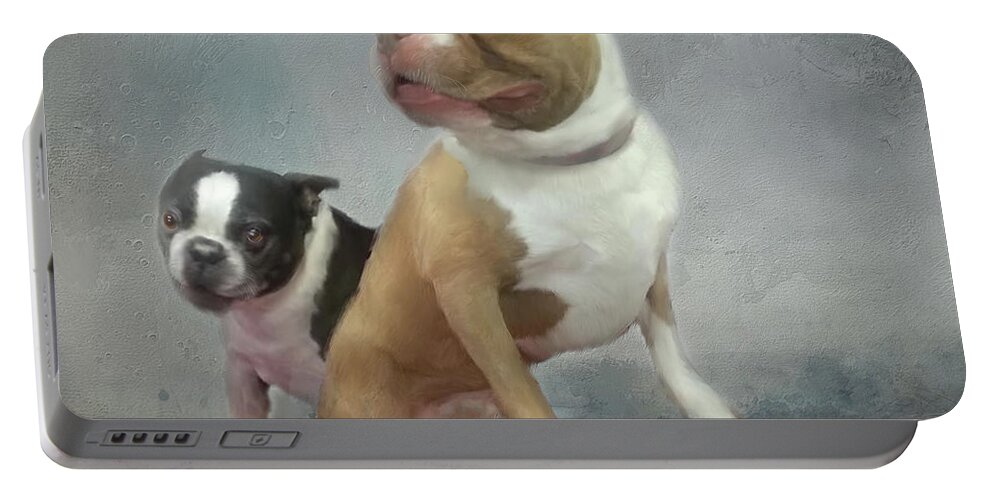 Boston Terrier's Portable Battery Charger featuring the mixed media Cheech and Chong by Colleen Taylor