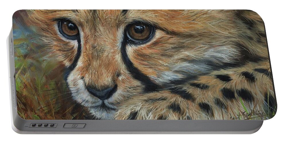 Cheetah Portable Battery Charger featuring the painting Cheetah Cub Close by David Stribbling