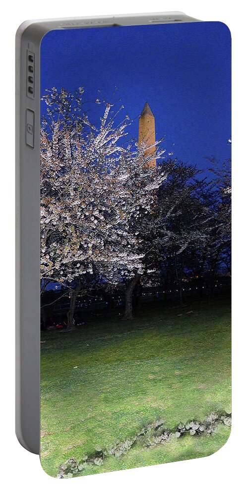 Cherry Blossom Portable Battery Charger featuring the photograph Cherry blossoms overlooking Washington monument 1 by Harsh Malik