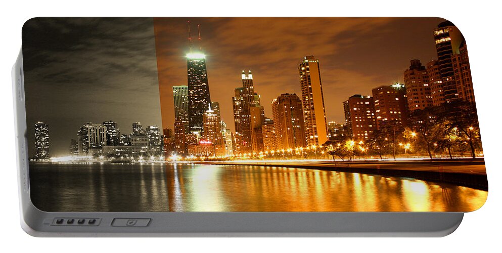 Architecture Portable Battery Charger featuring the photograph Chicago Skyline Night Lights Water by Patrick Malon