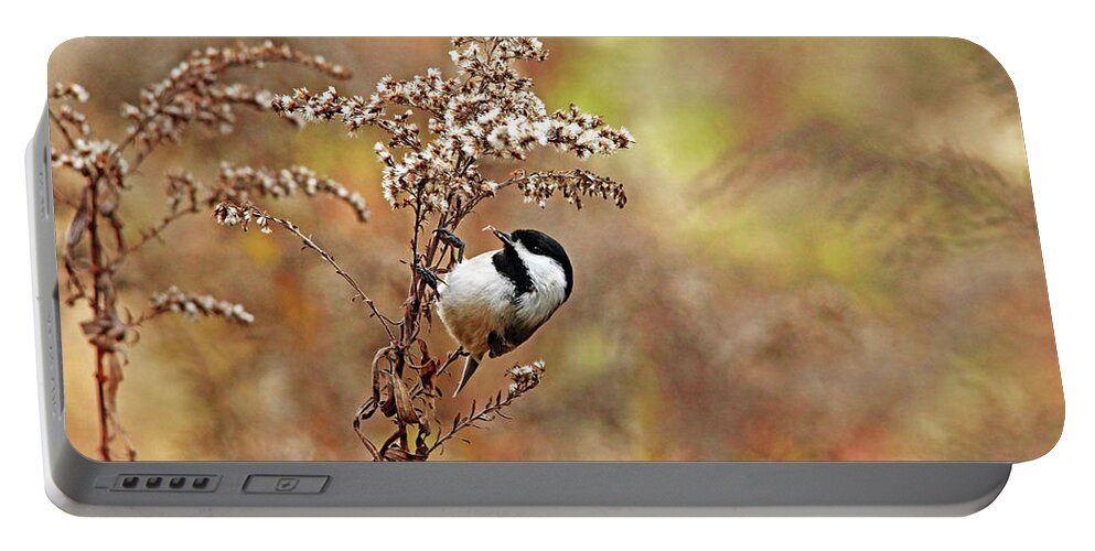 Chickadee Portable Battery Charger featuring the photograph Chickadee At Goldenrod Feeder by Debbie Oppermann