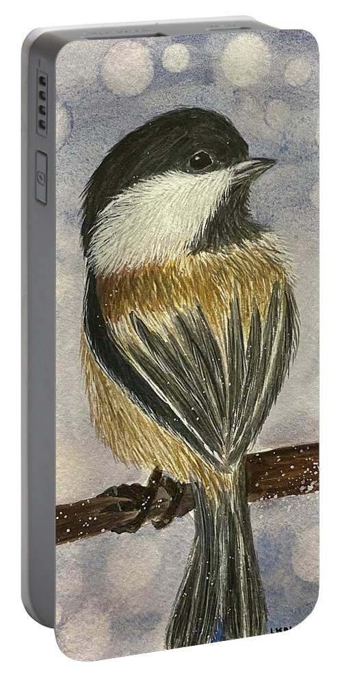 Chickadee Portable Battery Charger featuring the painting Chickadee In Snow by Lisa Neuman