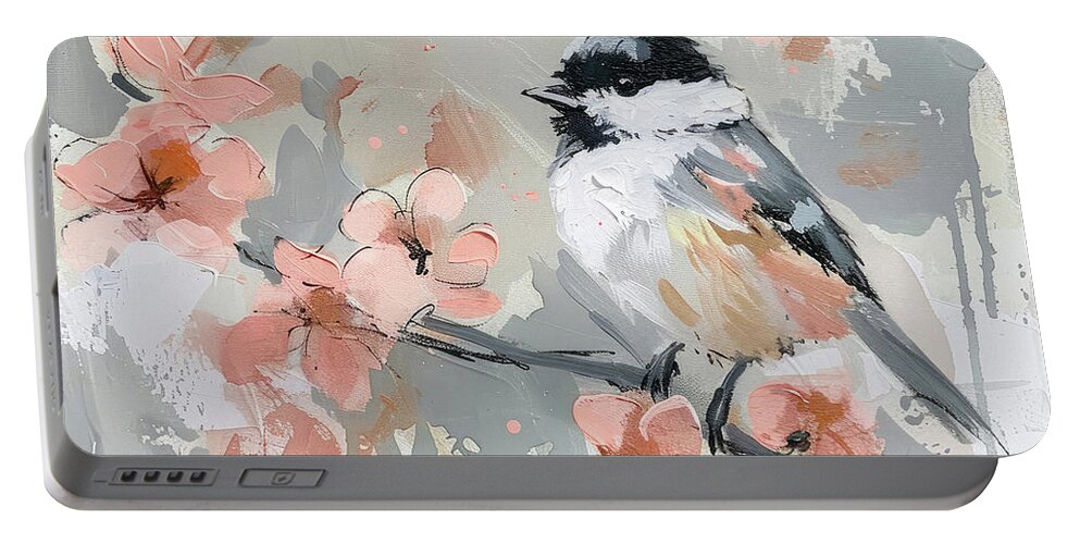 Chickadee Portable Battery Charger featuring the painting Chickadee In The Peach Blossoms by Tina LeCour