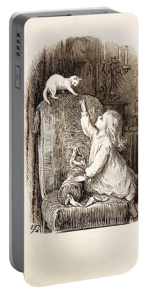 Lorenz Frolich Portable Battery Charger featuring the drawing Child Climbing a Chair to Reach for a Kitten by Lorenz Frolich
