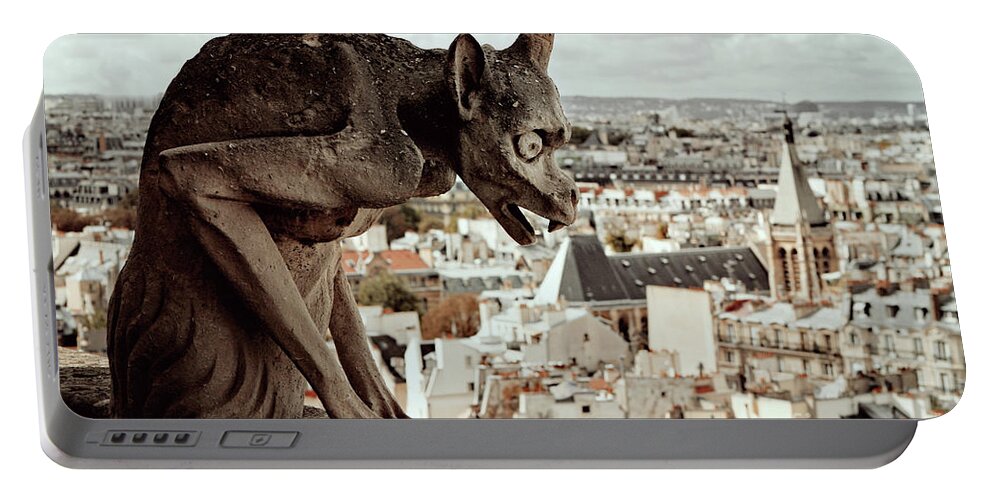 Notre Dame; Paris; Cathedral; Church; Notre Dame De Paris; Gargoyle; Grotesque; Chimera; Sepia; Seine; France; City; Urban; Clouds; Portable Battery Charger featuring the photograph Chimera Guard by Tina Uihlein