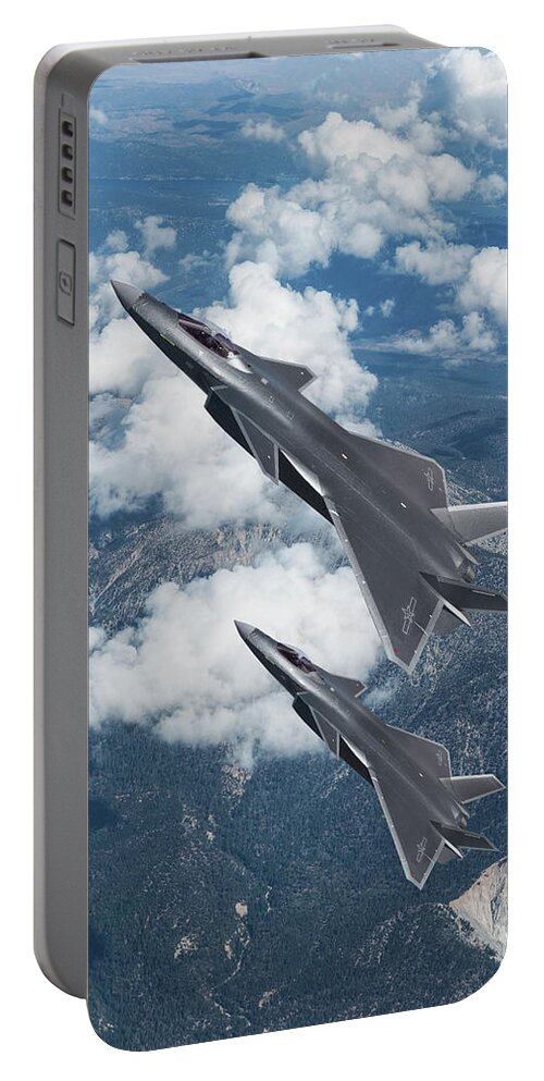 People's Liberation Army Air Force Portable Battery Charger featuring the digital art Chinese J-20 Stealth Fighters by Erik Simonsen