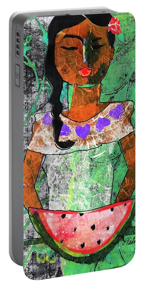 Abstract Portrait Portable Battery Charger featuring the painting Chiquita con Melon by Elaine Elliott