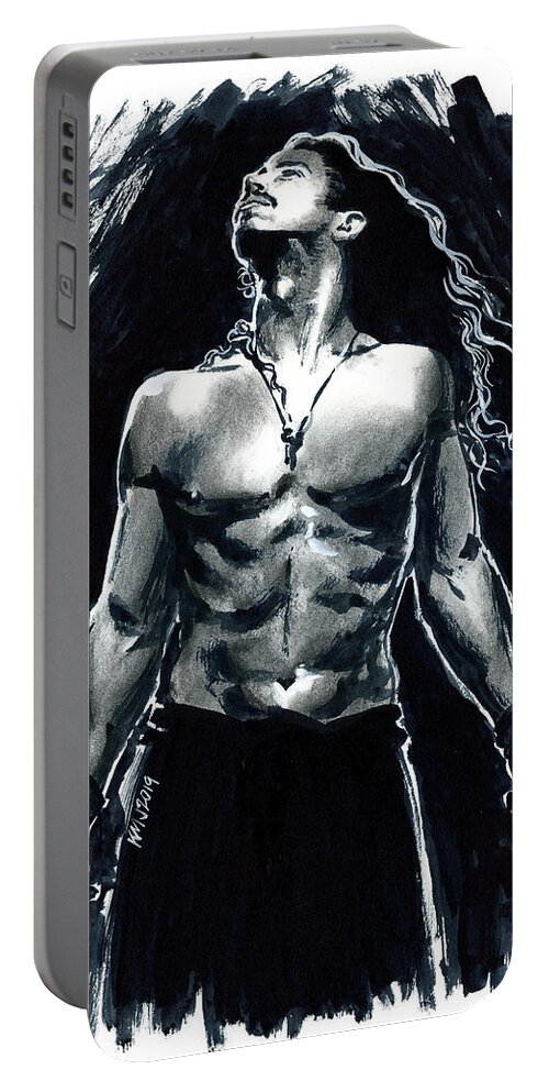 Chris Cornell Portable Battery Charger featuring the mixed media Chris in bw by Ken Meyer jr