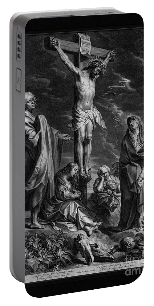 Christ On The Cross Portable Battery Charger featuring the painting Christ on the Cross, with Mary and Johannes by Engraver Schelte Adamsz Bolswert Classical Art by Rolando Burbon