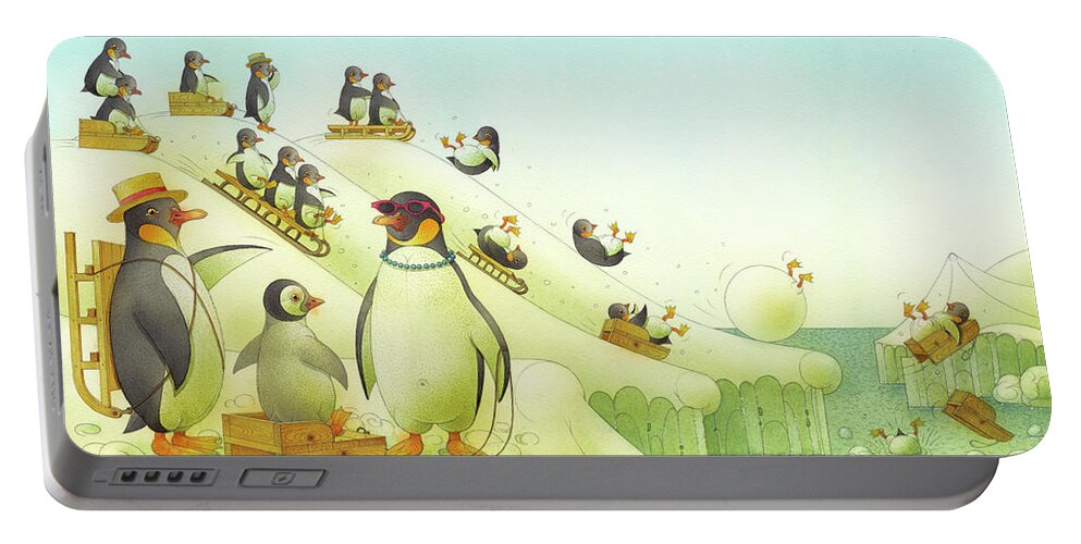 Penguins Sledge Winter Snow Christmas Ocean Antarctic Bathing Christmascard Holydays Portable Battery Charger featuring the drawing Christmas for the Penguins by Kestutis Kasparavicius