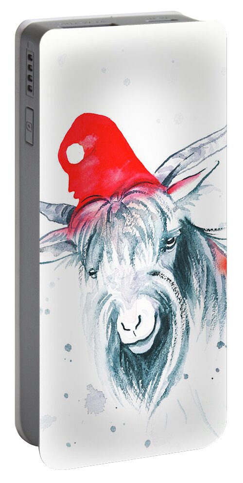Christmas Goat In Santa Hat Portable Battery Charger featuring the painting Christmas Goat by Zaira Dzhaubaeva