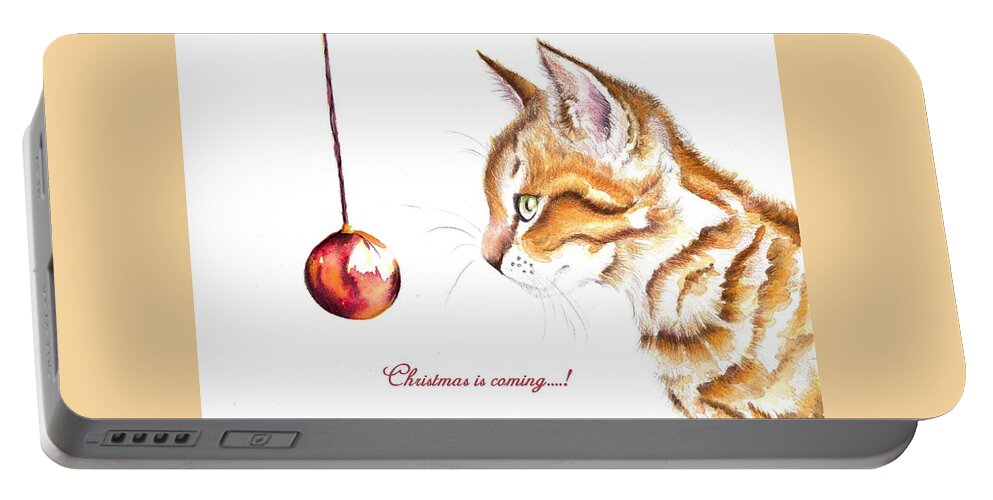 Cats Portable Battery Charger featuring the painting Tabby Cat and Bauble - Christmas IS Coming 1 by Debra Hall