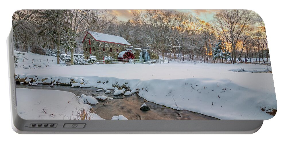 Grist Mill Portable Battery Charger featuring the photograph Christmas Snow at the Grist Mill by Kristen Wilkinson