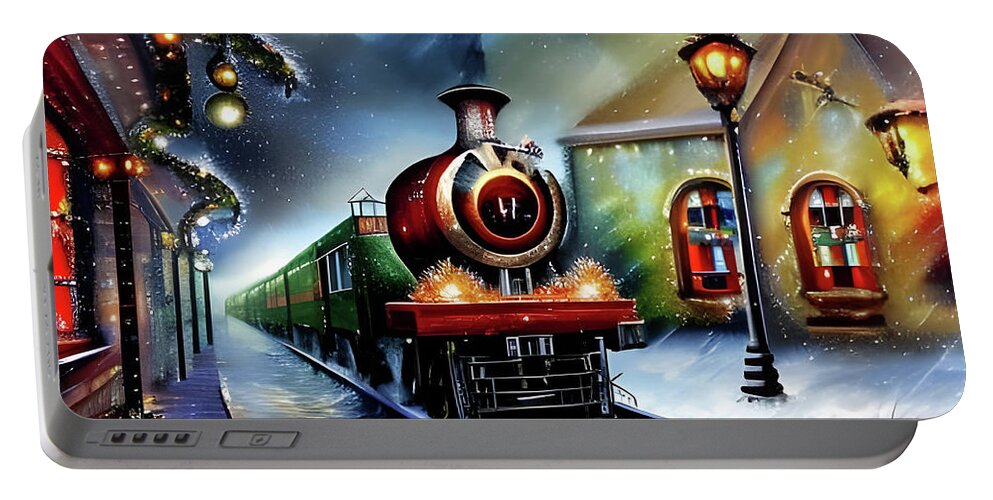 Digital Christmas Train Greeting Card Portable Battery Charger featuring the digital art Christmas Train Greeting Card by Beverly Read