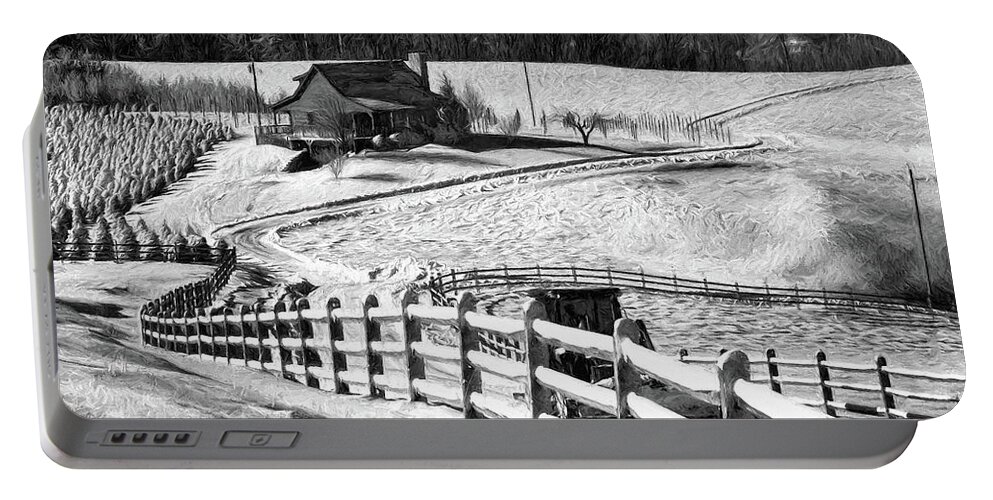 North Carolina Portable Battery Charger featuring the photograph Christmas Tree Ranch in Snow bw by Dan Carmichael