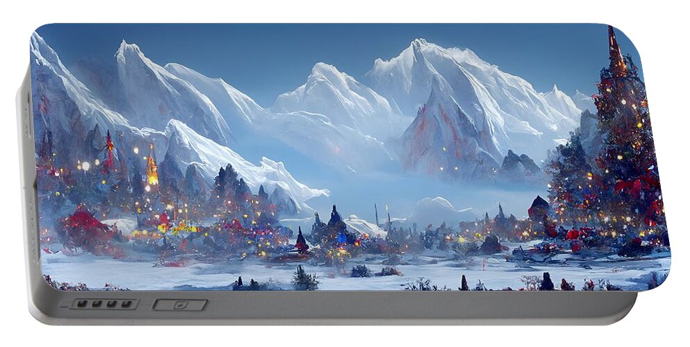Digital Valley Peaks Snow Town Village Portable Battery Charger featuring the digital art Christmas Valley by Beverly Read