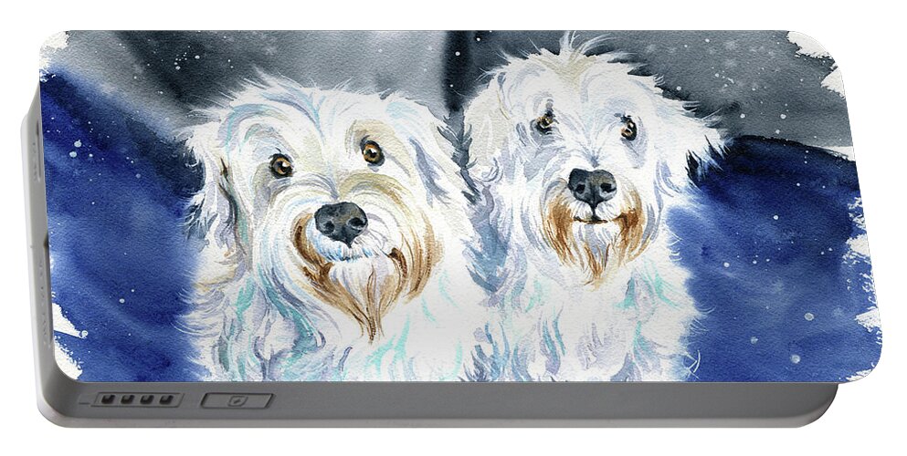 Schnauzer Portable Battery Charger featuring the painting Chuck and Max White Schnauzer Dog Painting by Dora Hathazi Mendes