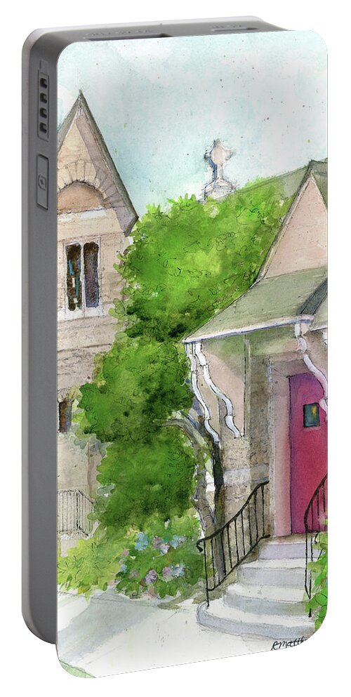 Stone Portable Battery Charger featuring the painting Church on High Street by Rebecca Matthews