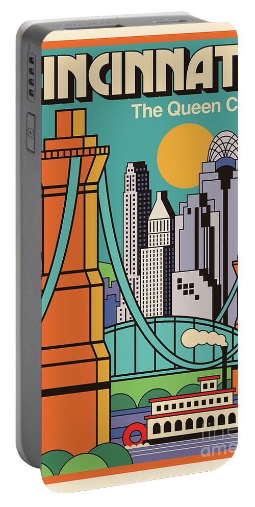 Cincinnati Portable Battery Charger featuring the digital art Cincinnati Poster - Vintage Pop Art Style by Jim Zahniser