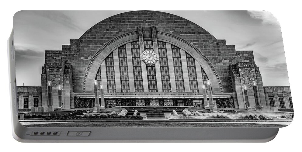 Cincinnati Ohio Portable Battery Charger featuring the photograph Cincinnati Union Terminal Station Panorama in Black and White by Gregory Ballos