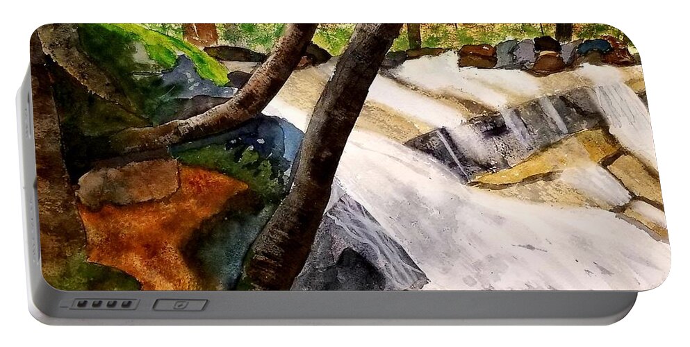 Waterfall Portable Battery Charger featuring the painting Cindys' Waterfall by Ann Frederick