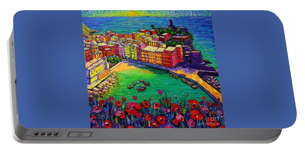 Cinque Portable Battery Charger featuring the painting Cinque Terre Vernazza Poppies by Ana Maria Edulescu
