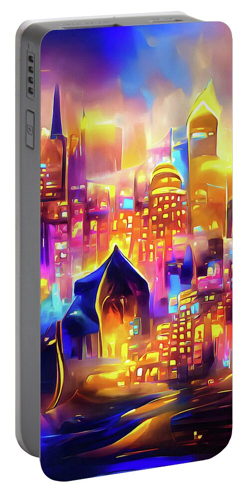 City Portable Battery Charger featuring the digital art City Lights 01 Magical Golden Glow by Matthias Hauser