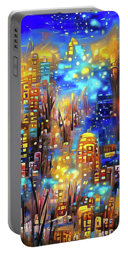 City Portable Battery Charger featuring the digital art City Lights 09 Golden Glitter and Blue Night by Matthias Hauser