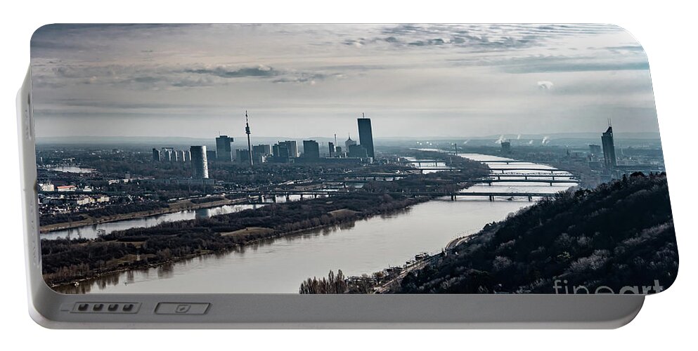 Aerial Portable Battery Charger featuring the photograph City Of Vienna With Suburbs And River Danube In Austria by Andreas Berthold
