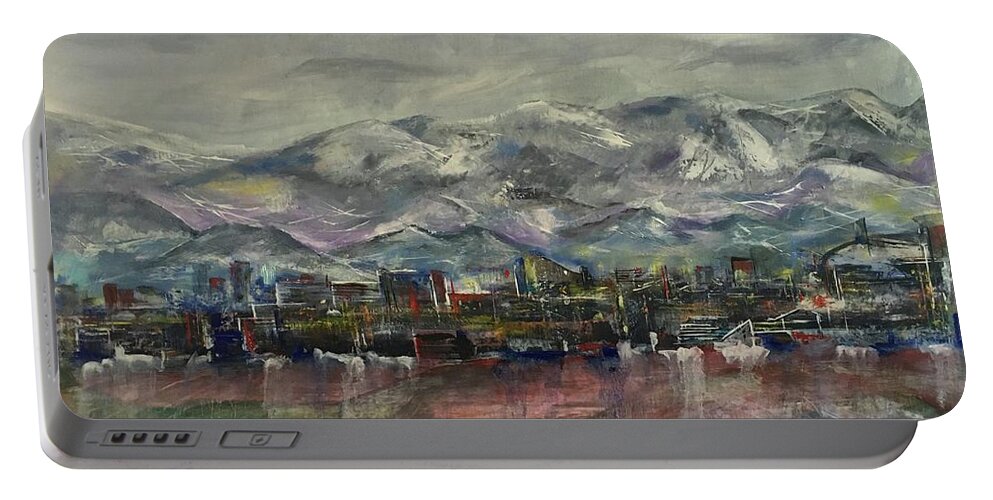 Oil Painting Portable Battery Charger featuring the painting City under Mountain by Maria Karlosak