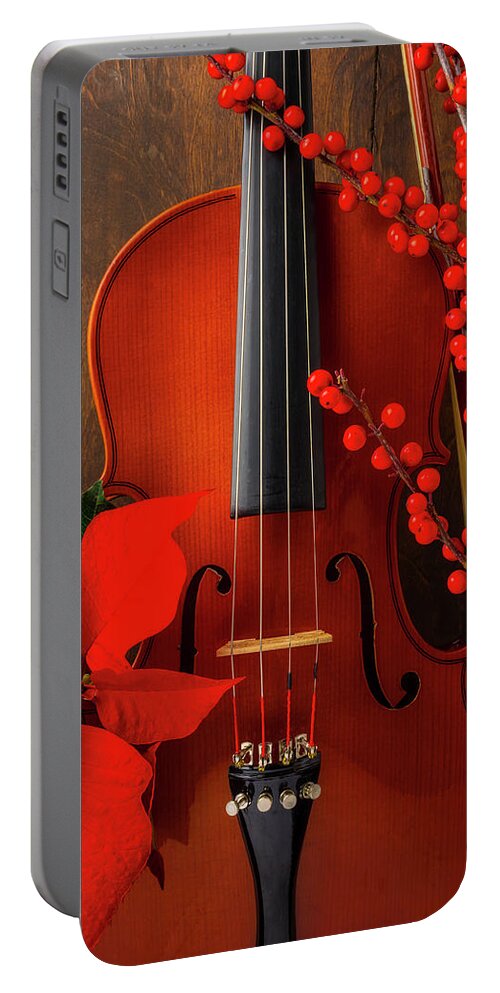 Violin Portable Battery Charger featuring the photograph Classic Violin And Pointsettia by Garry Gay
