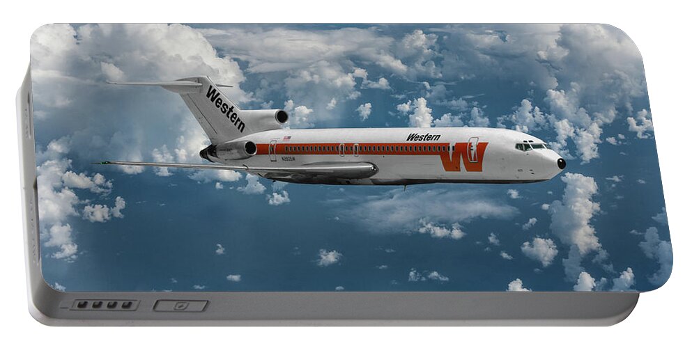 Western Airlines Portable Battery Charger featuring the mixed media Classic Western Airlines Boeing 727 by Erik Simonsen