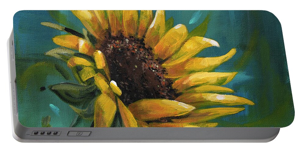 Summer Portable Battery Charger featuring the painting Cleared for Landing - Sunflower painting by Annie Troe