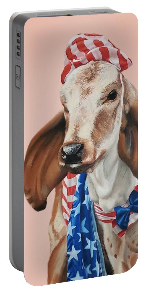 Cow Art Portable Battery Charger featuring the painting Clifford in pink by Alexis King-Glandon