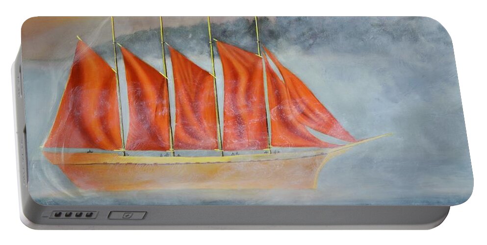 Clipper Ship Sailboat Large Orange Sail Ship Fog Clipper Ship Portable Battery Charger featuring the painting Clipper Ship in the Mist by Dorsey Northrup