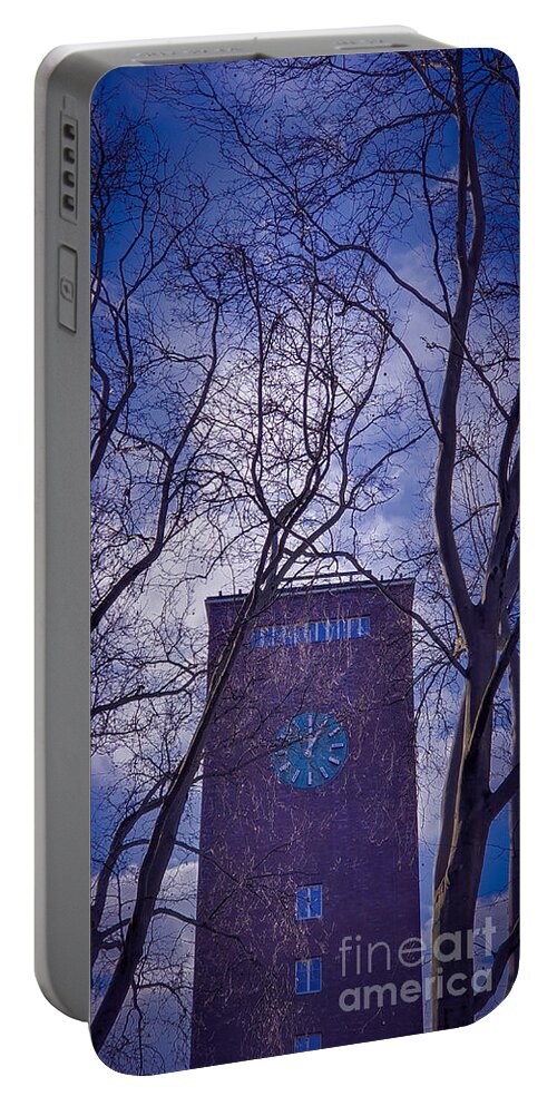 Clock Portable Battery Charger featuring the photograph Clock tower of the central train station in Oberhausen, Germany by Mendelex Photography