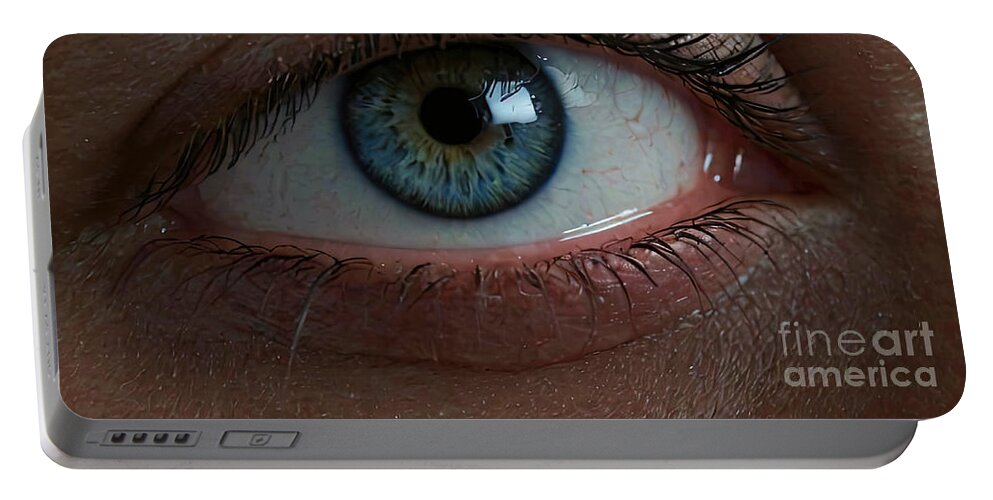 Human Eye Portable Battery Charger featuring the digital art Close up of a human blue eye by Benny Marty