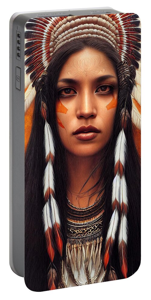 Beautiful Portable Battery Charger featuring the painting Closeup Portrait Of Beautiful Native American Wom 44777eb4 86ef 451e 8412 15e4cf2e6574 by MotionAge Designs
