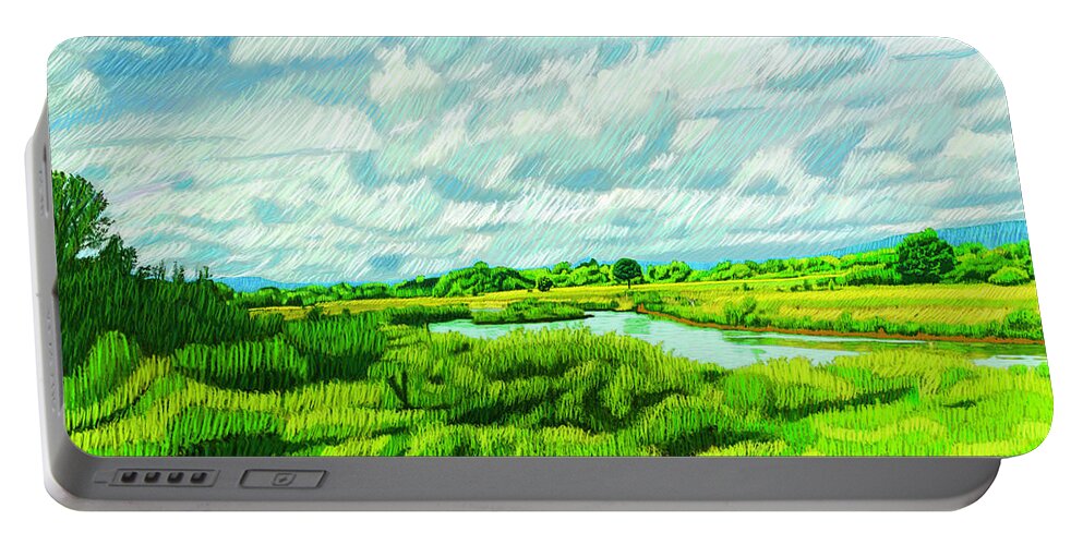 Germany Portable Battery Charger featuring the painting Clouds Over The Meadow by Rod Whyte