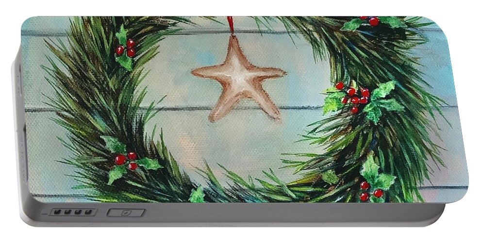 Country Charm Portable Battery Charger featuring the painting Coastal Holiday Wishes by Jane Ricker