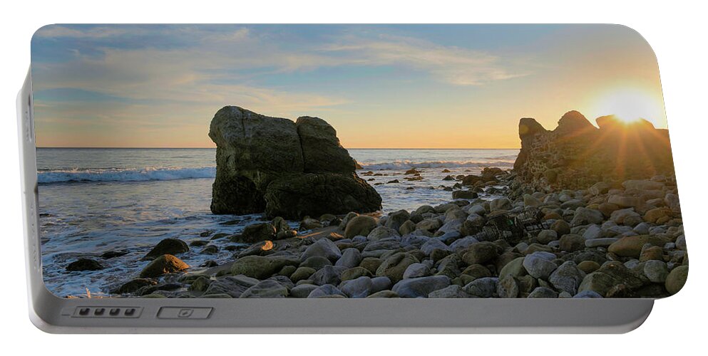 Malibu Portable Battery Charger featuring the photograph Coastal Sunset on Rocky Shoreline by Matthew DeGrushe