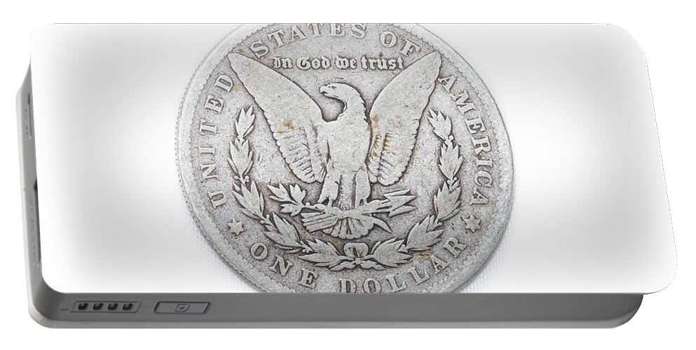 1884 Portable Battery Charger featuring the photograph Coin Collecting - 1884 Morgan Dollar Eagle Side by Amelia Pearn