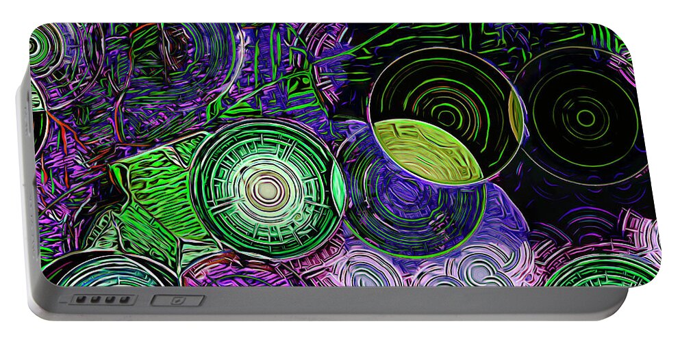 Orbs Portable Battery Charger featuring the mixed media Collateral Damage 3 by Lynda Lehmann