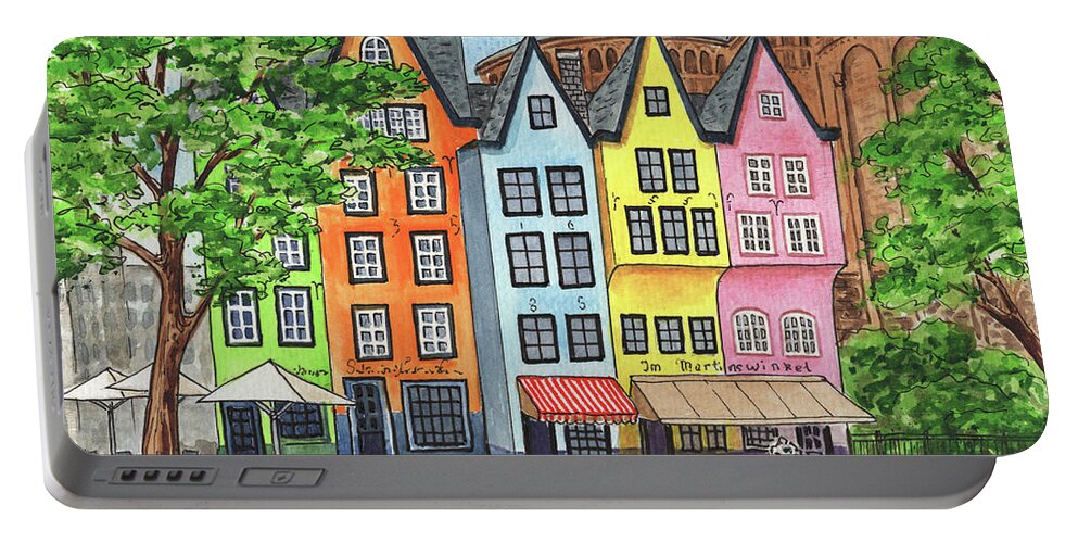 Cologne Portable Battery Charger featuring the painting Cologne Germany Colorful Buildings Near Great St Martine Church by Irina Sztukowski